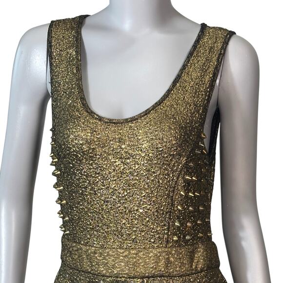VTG Y2K A'gaci Metallic Gold Studded Peplum Mini Dress Size S Punk Rock Glam - Picture 1 of 8